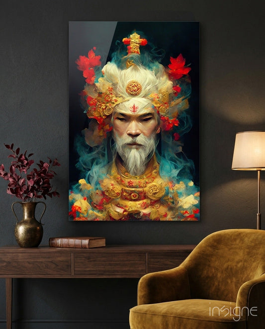 Glass art print of an ornate bearded figure with golden headpiece and red flowers displayed on dark wall above wooden console table.