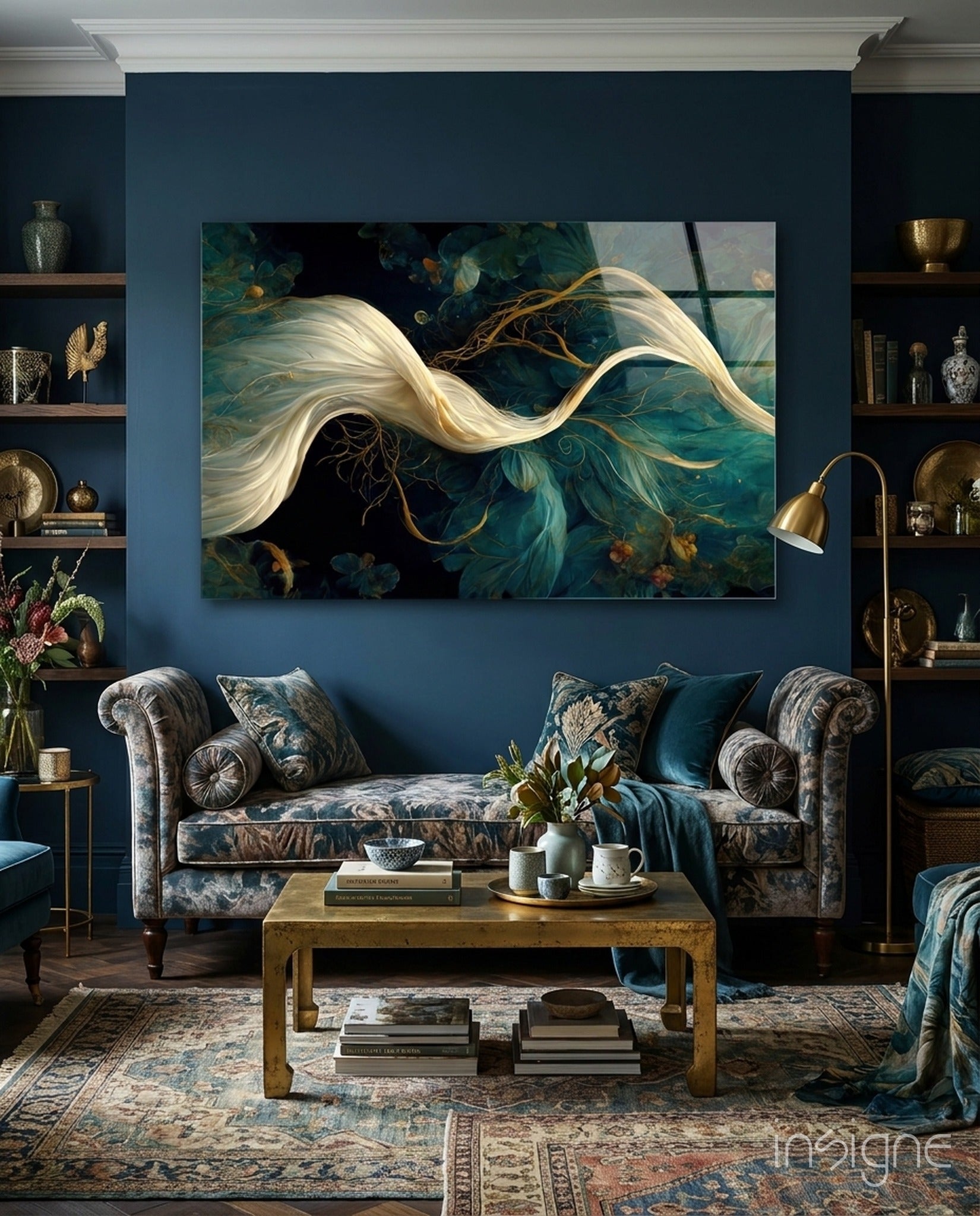 Flow of Roots Glass Art displayed above a patterned sofa in a teal-walled living room with gold accents and botanical elements.