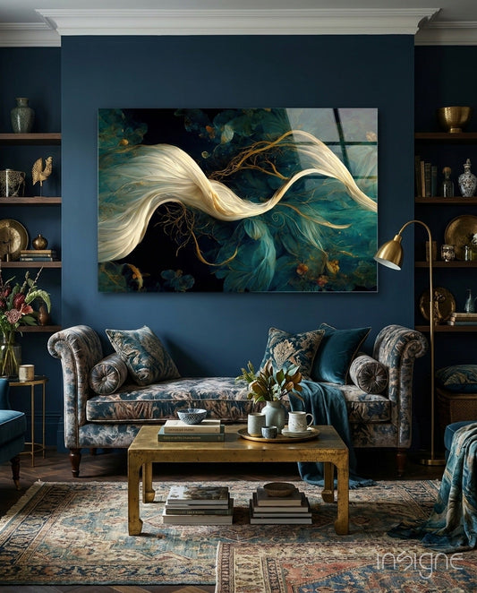 Flow of Roots Glass Art displayed above a patterned sofa in a teal-walled living room with gold accents and botanical elements.