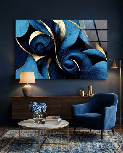 Sapphire Feather Spirals Gold Leaf Glass Wall Art