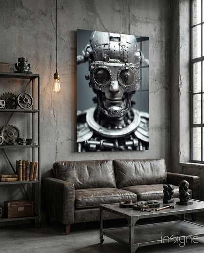 Steampunk mechanical skull portrait with large lens eyes displayed as black and white glass wall art in industrial loft setting above leather sofa.