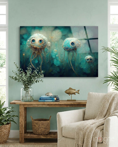 Whimsical jellyfish artwork with large blue eyes displayed above wooden shelf in seafoam green room with coastal decor.