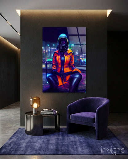 Neon-lit futuristic figure in red and orange jacket displayed on glass wall art above purple velvet chair in modern interior space.