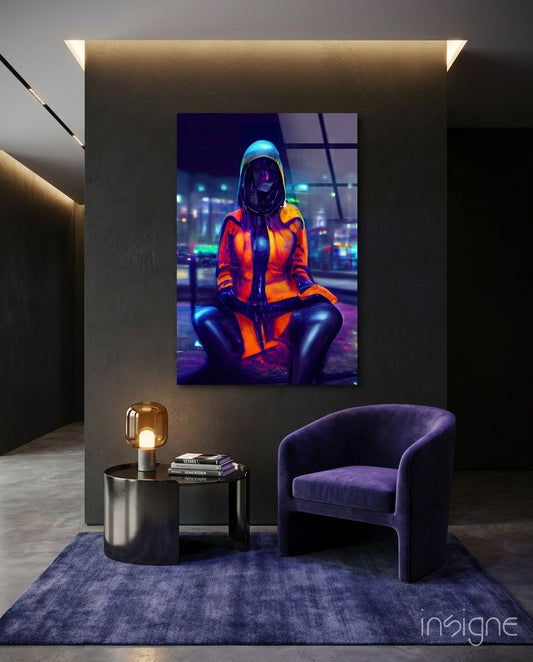 Neon-lit futuristic figure in red and orange jacket displayed on glass wall art above purple velvet chair in modern interior space.