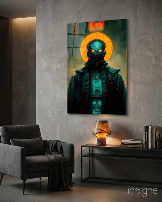 Glass wall art featuring a dark figure with glowing orange eyes and halo, displayed above a console table in a modern interior.