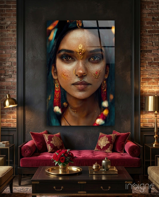 Portrait glass art depicting woman with gold facial adornments displayed above crimson velvet sofa in luxury interior setting.