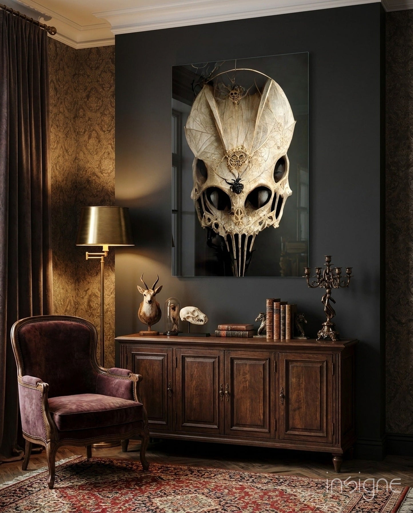 Ornate skull glass art with white bone finish and decorative insects displayed on dark wall above wooden cabinet in gothic-styled room.