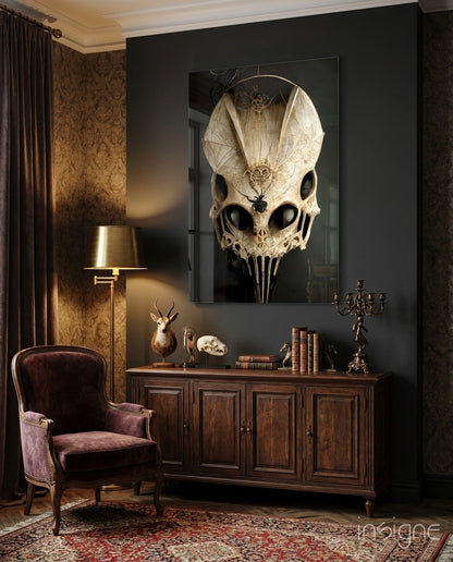 Ornate skull glass art with white bone finish and decorative insects displayed on dark wall above wooden cabinet in gothic-styled room.
