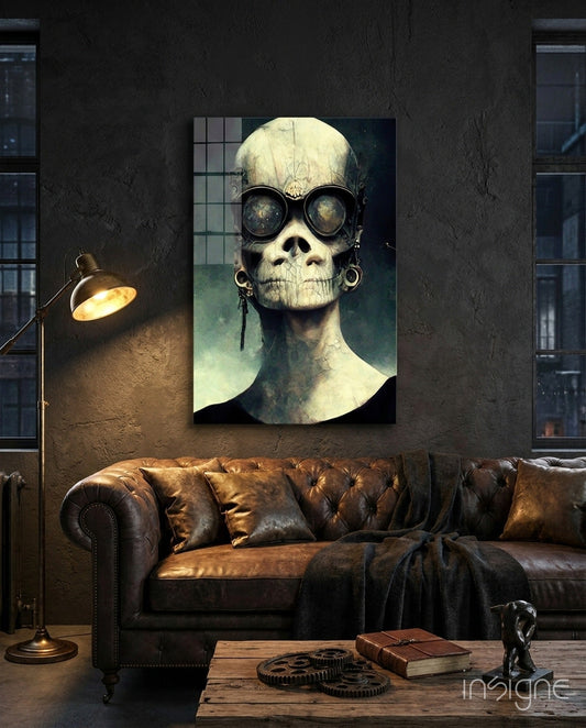 Steampunk skull wearing brass goggles displayed on dark wall above leather sofa in industrial loft setting.