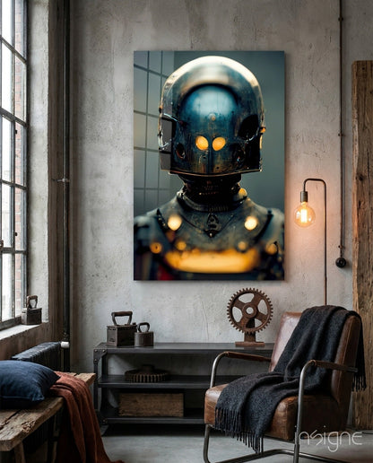 Glass art panel depicting a metallic robotic head with glowing yellow eyes displayed in an industrial loft space.