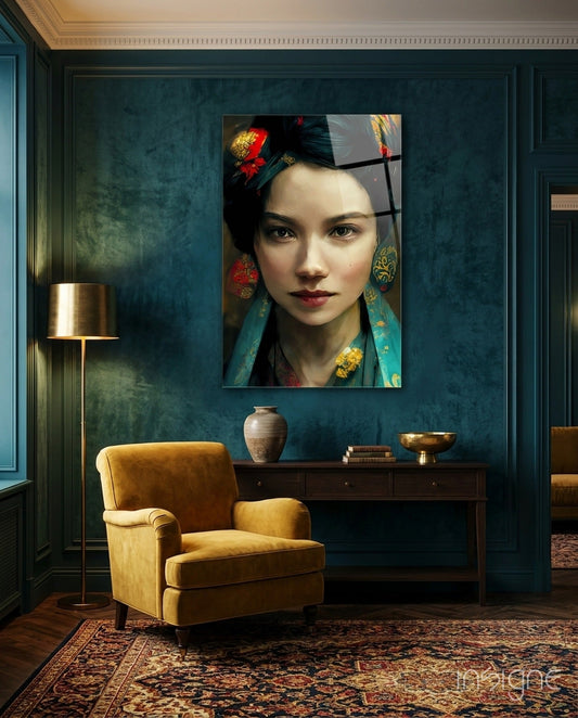 Glass wall art depicting an Asian woman with traditional styling displayed above a wooden console table in a teal-walled room.