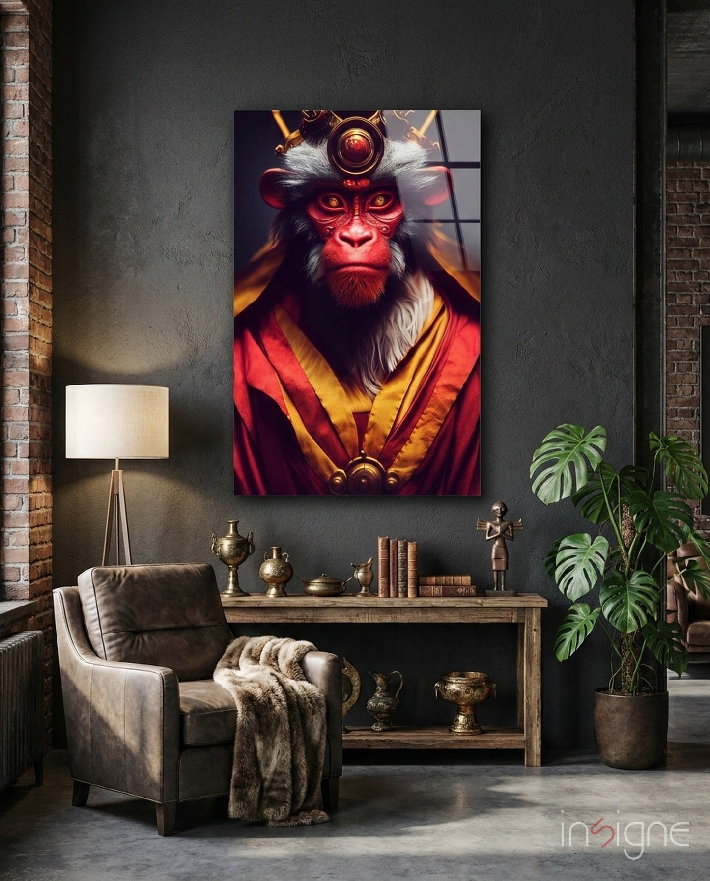 Crimson Robed Monkey with Crown Glass Wall Art