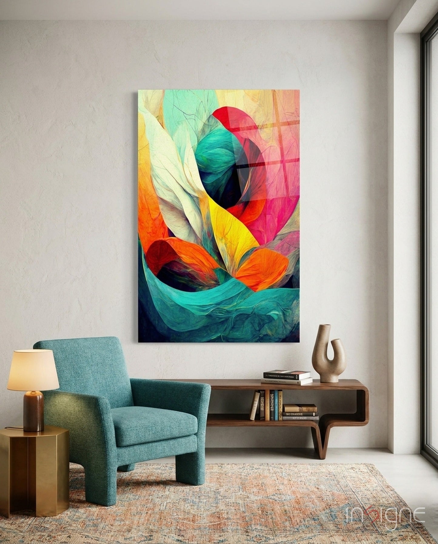 Crimson Bloom Teal Ribbon Abstract Glass Wall Art