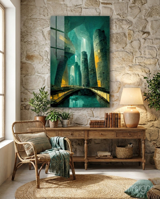 Underground Glass Wall Art displayed on stone wall above wooden desk in rustic room setting with chair and lamp.