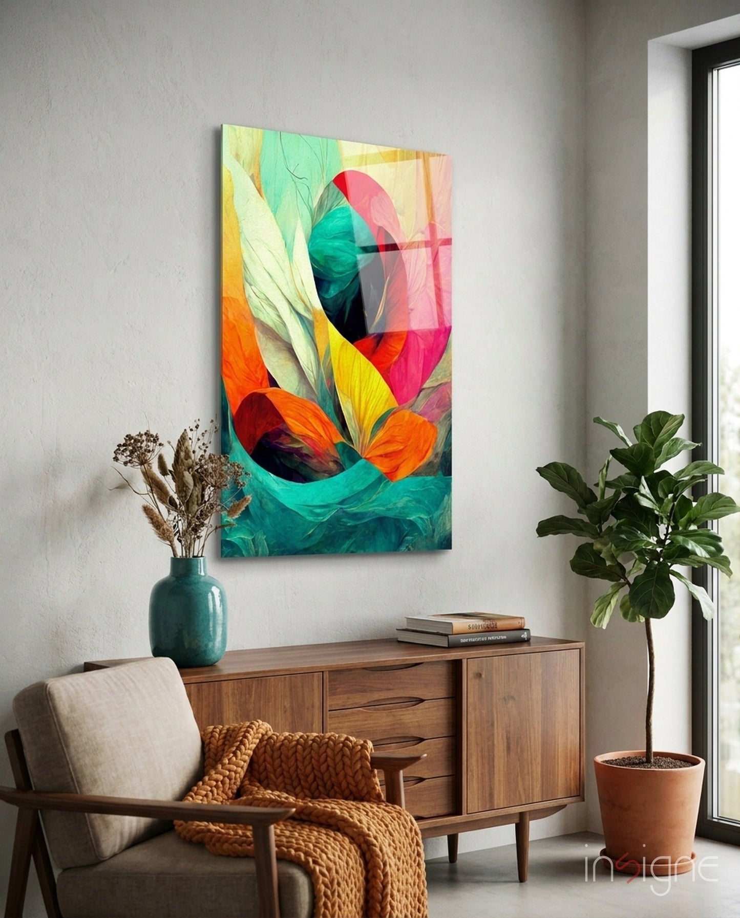 Teal Wave Orange Petal Abstract Glass Wall Art