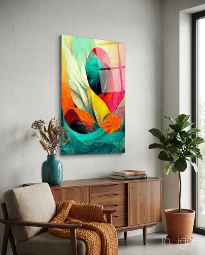 Teal Wave Orange Petal Abstract Glass Wall Art