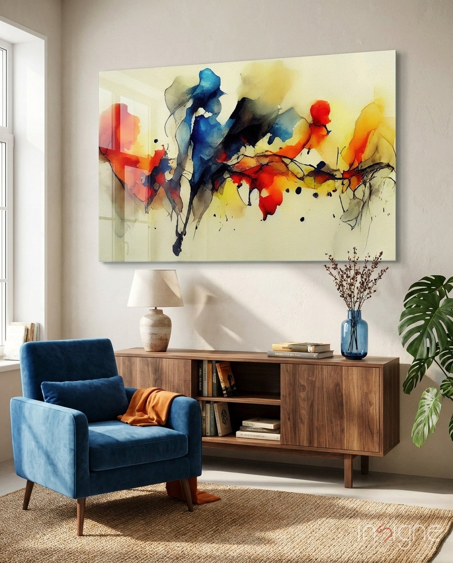 Abstract watercolor glass wall art with red, blue, yellow, and black splashes displayed above wooden credenza in modern living room.