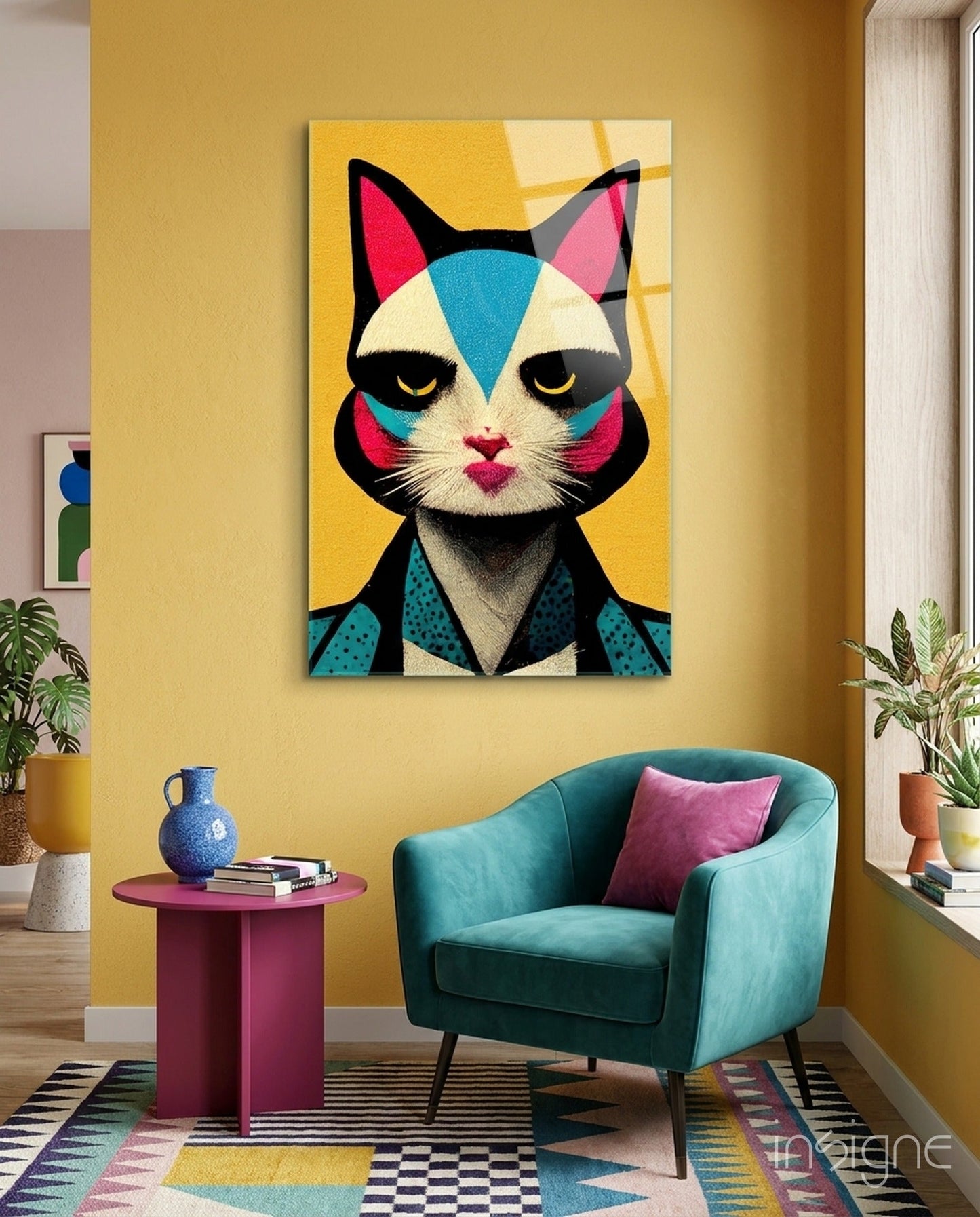 Colorful geometric cat glass wall art displayed above a teal armchair in a yellow room with plants and side table.