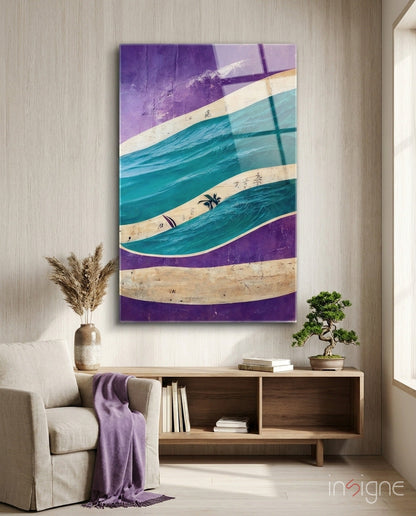 Purple, turquoise, and cream striped glass wall art hanging above wooden shelf with chair and decorative items.