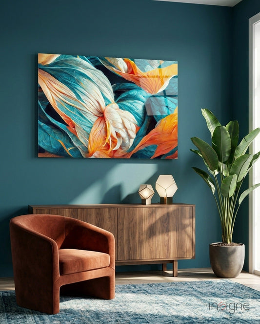 Teal bedroom wall displaying colorful abstract floral glass art above wooden dresser with rust chair and potted plant.