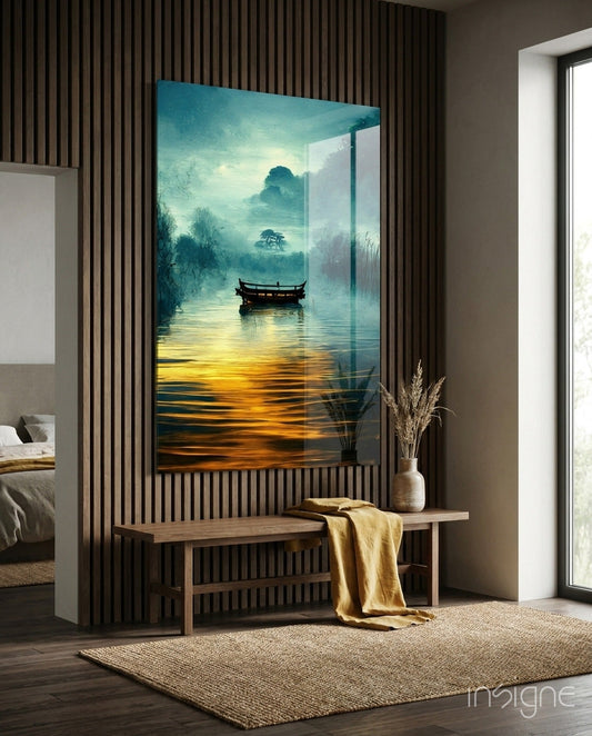 Framed glass wall art displaying a misty lake scene with a wooden boat, amber sunset reflections, and teal sky, installed above a wooden bench in a modern bedroom.