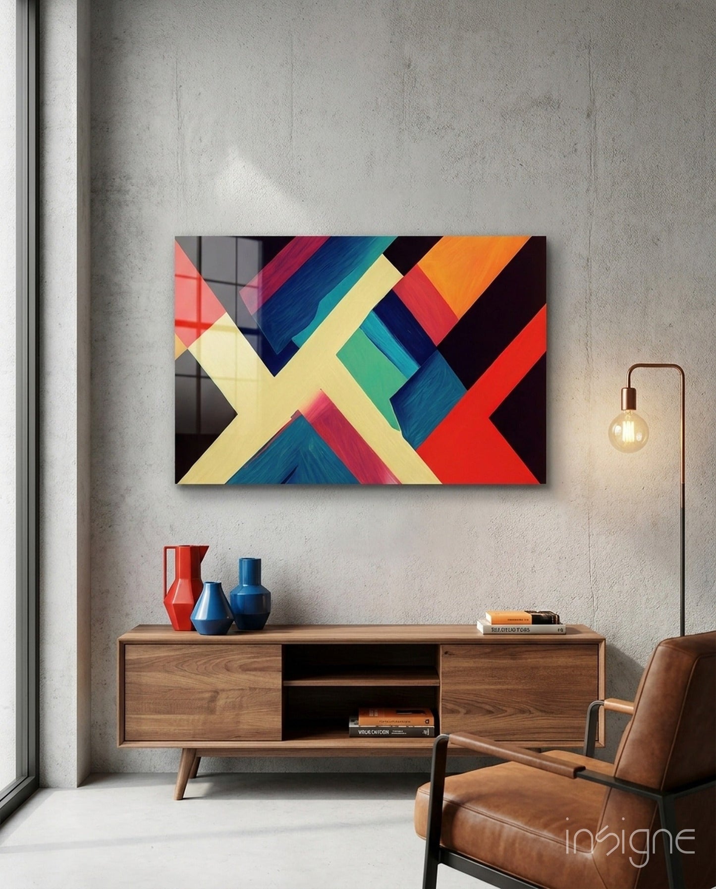 Ivory X Beam Orange and Red Blocks Glass Wall Art