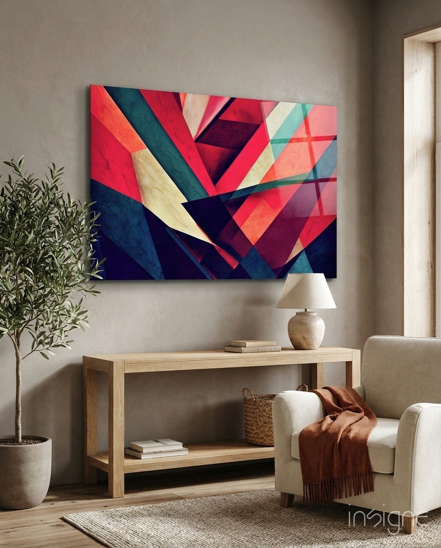 Coral and Navy Diagonal Shards Glass Wall Art