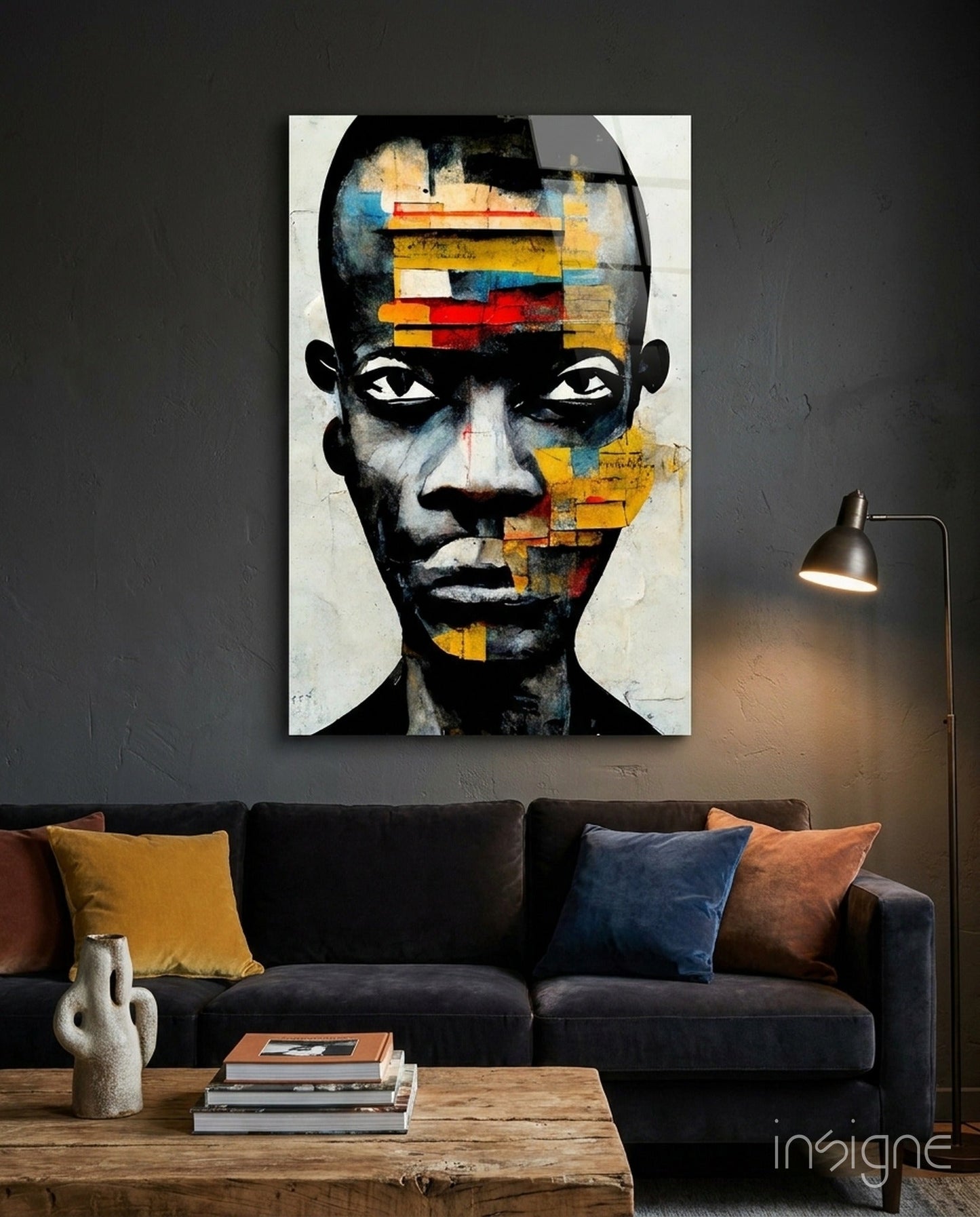Yellow Paper Strip Collage Portrait Glass Wall Art