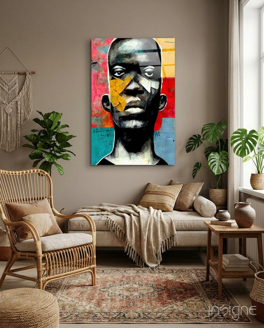 Colorful abstract portrait with geometric blocks in red, yellow, blue, and black displayed on a taupe wall above a neutral living room setting.