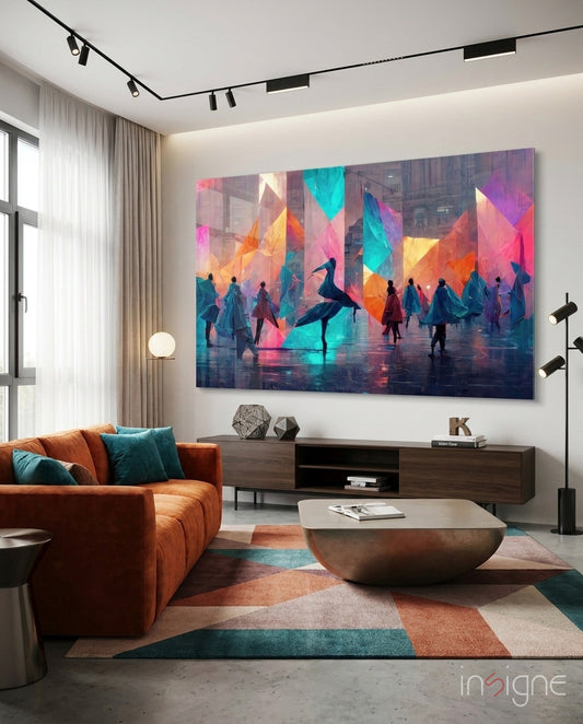 Colorful abstract glass wall art depicting silhouetted figures in geometric pink, orange, teal, and yellow tones displayed in modern living room.