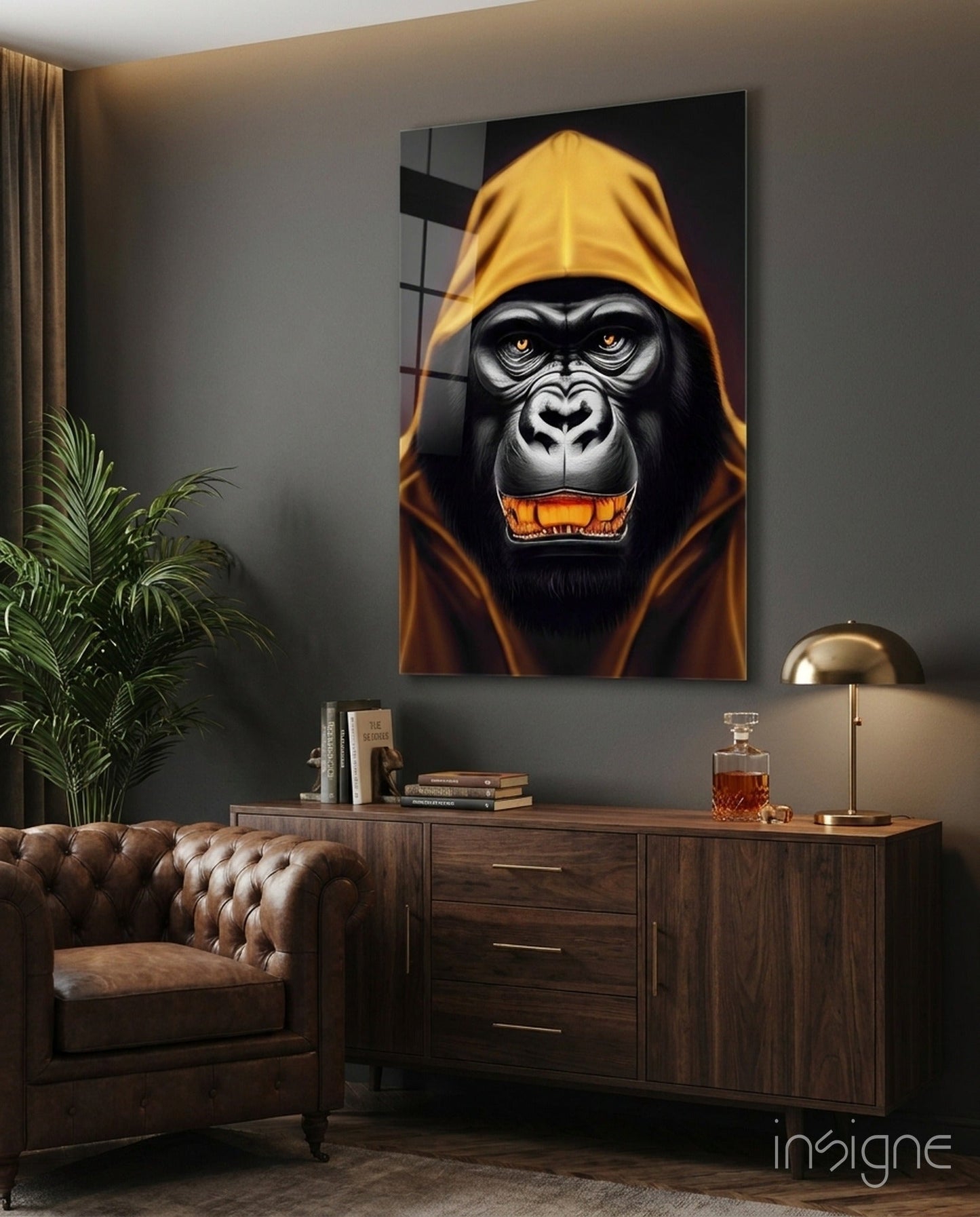 Yellow Hooded Gorilla Gold Grin Glass Wall Art