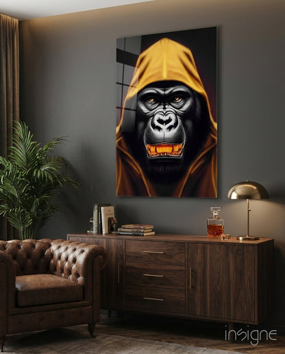 Yellow Hooded Gorilla Gold Grin Glass Wall Art