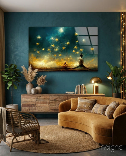 Meditation Falling Stars Teal Glass Wall Art