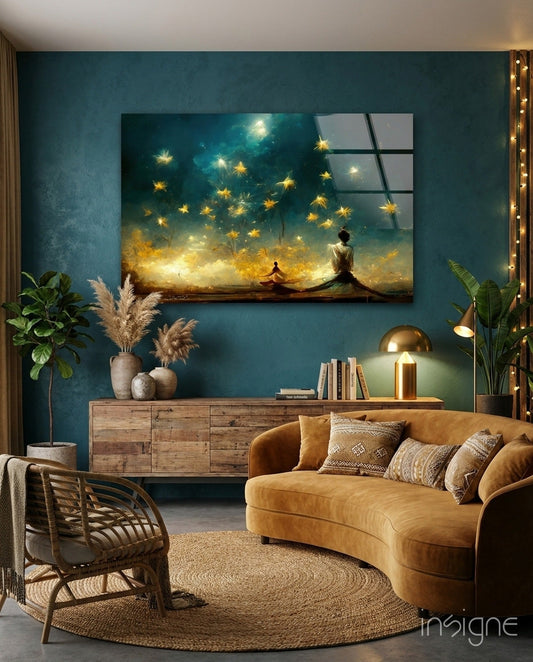 Meditation Falling Stars Teal Glass Wall Art displayed horizontally above a wooden credenza in a teal-walled living room with gold accents.