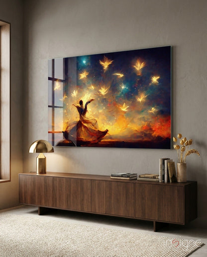 Dancer Glowing Birds Sunset Glass Wall Art