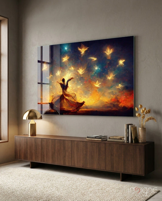 Dancer Glowing Birds Sunset glass wall art displayed above wooden media console in modern living room with warm lighting.