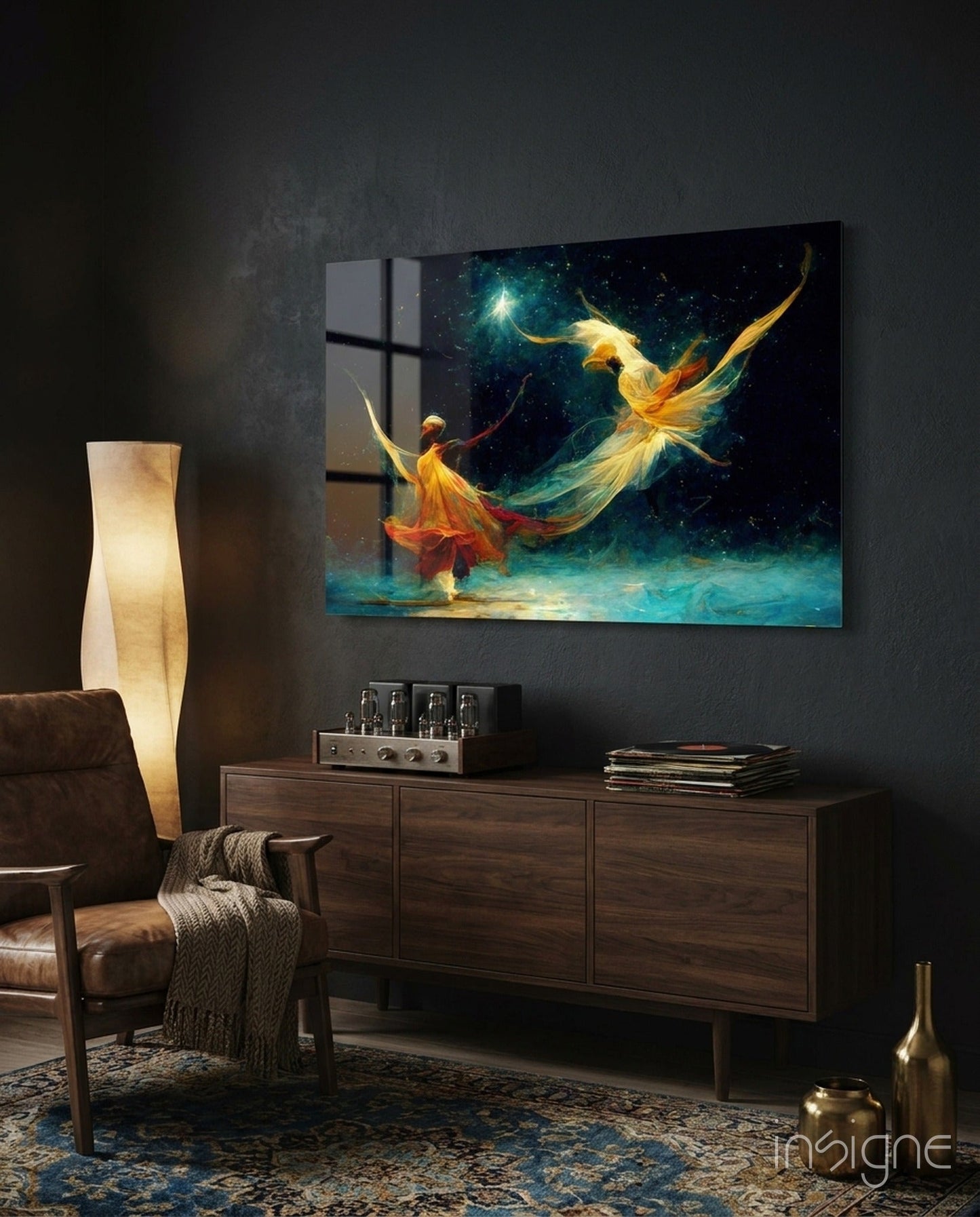 Golden Dancers Cosmic Teal Glass Wall Art
