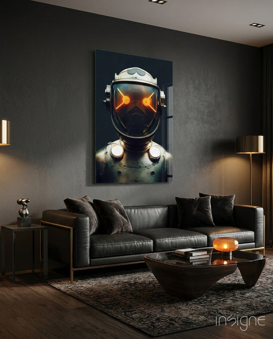 Framed glass wall art depicting a robot with glowing orange eyes and white helmet mounted above a dark leather sofa in a modern interior.