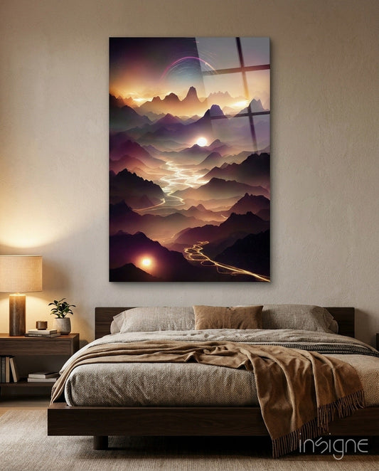 Lavas Glass Wall Art mounted above a bed, displaying layered mountains at sunset with glowing light trails and a translucent cross overlay.