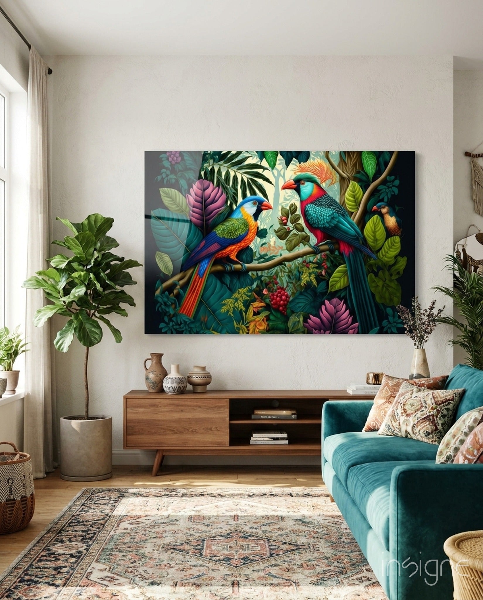 Colorful glass wall art featuring two parrots perched on a branch surrounded by vibrant tropical flowers and foliage, displayed above a wooden media console in a modern living room.