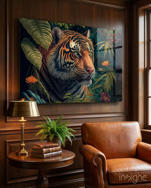 Tiger surrounded by tropical foliage and flowers displayed as framed glass wall art in wood-paneled room setting.
