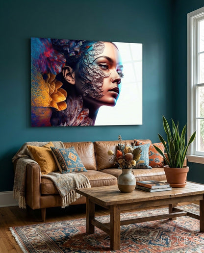 Glass wall art depicting a woman's profile with colorful abstract patterns in teal, gold, and red tones, displayed above a tan leather sofa in a teal room.