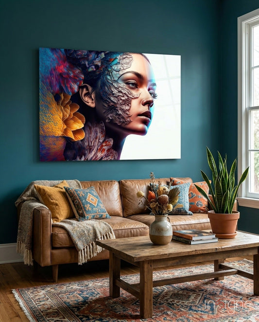 Glass wall art depicting a woman's profile with colorful abstract patterns in teal, gold, and red tones, displayed above a tan leather sofa in a teal room.