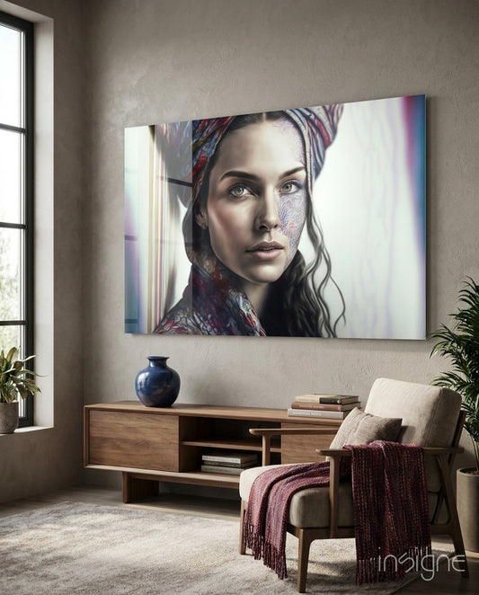 Modern living room with glass wall art depicting woman wearing paisley scarf and facial tattoos above wooden console table.