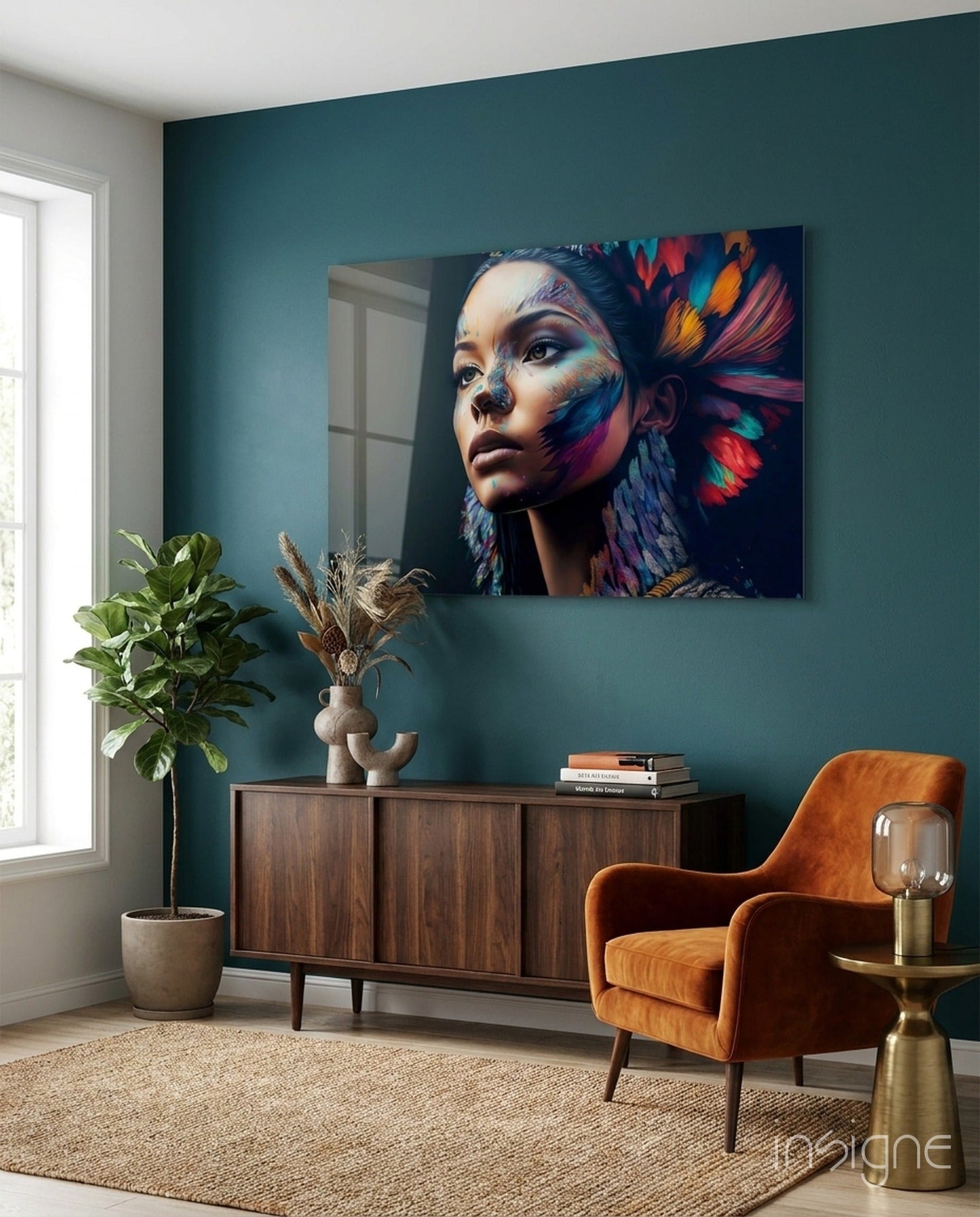 Rainbow Feather Headdress Painted Woman Glass Wall Art