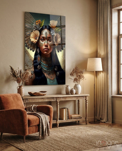 Turquoise Beaded Winged Flower Maiden Glass Wall Art