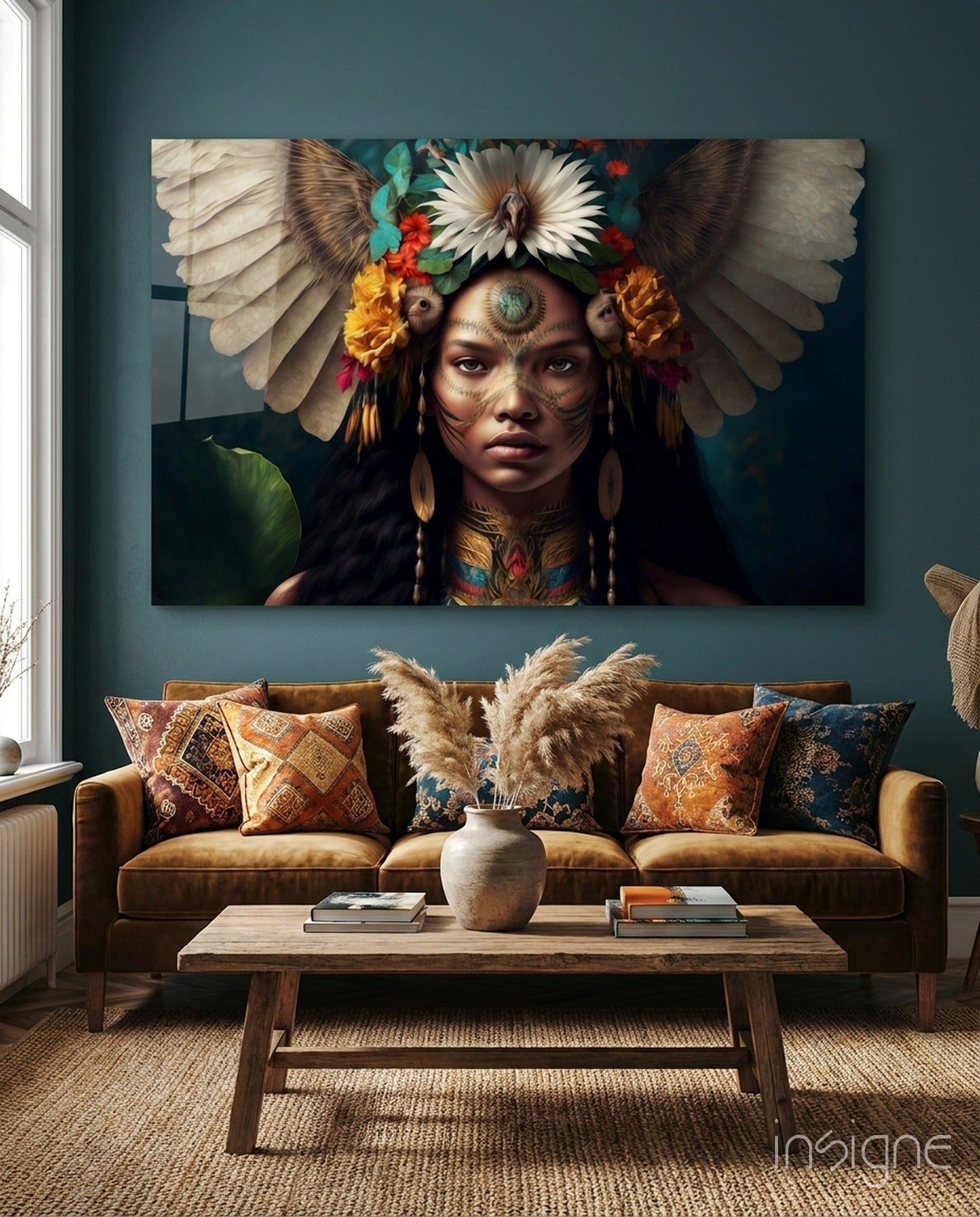 White Wings Daisy Crown Woman Glass Wall Art