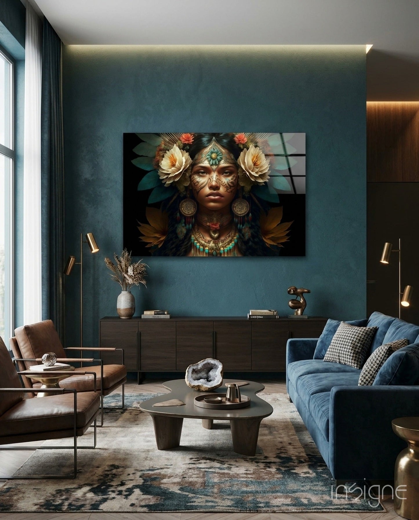 White Roses Gold Teal Headdress Woman Glass Wall Art