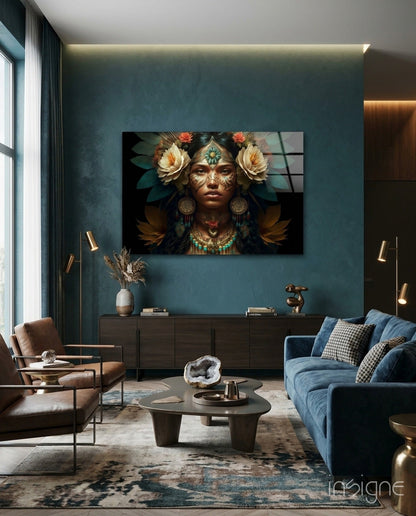 White Roses Gold Teal Headdress Woman Glass Wall Art