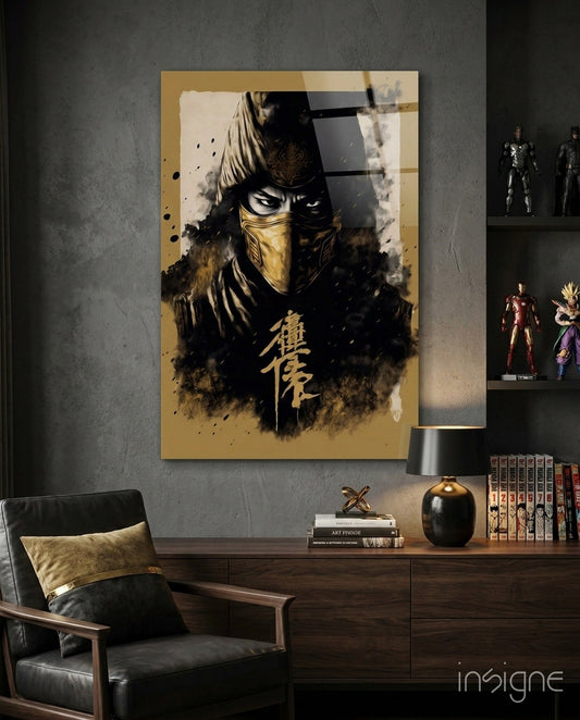 Gold and black glass wall art depicting a masked warrior with Asian characters, displayed above a wooden desk in a modern interior setting.